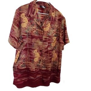Sag Harbor Womens Hawaiian Floral Button Down Short Sleeve Gold Burgundy 24W